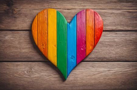 Bright heart painted in different colors on a vintage wooden background