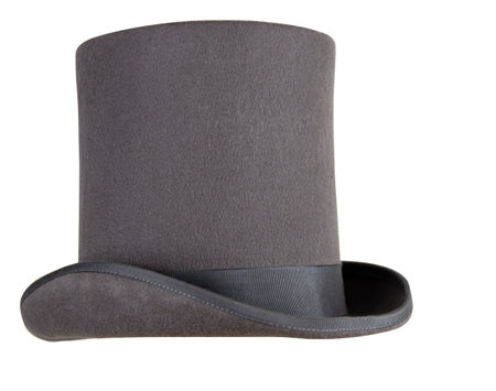 Elegant classic gray top hat with a flat crown and wide brim, representing elegance and timeless style. Topper headpiece Isolated on white background. Copy space. Clipping pathの写真素材