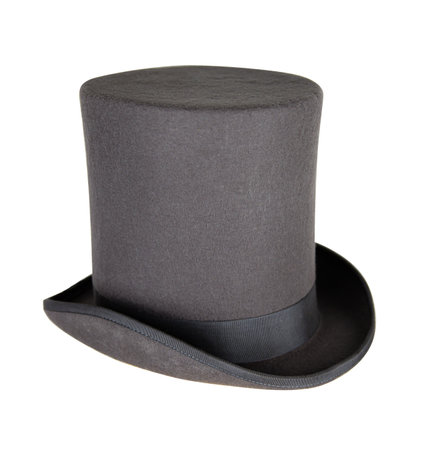 Elegant classic gray top hat with a flat crown and wide brim, representing elegance and timeless style. Topper headpiece Isolated on white background. Copy space. Clipping pathの写真素材