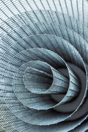 Abstract spiral metal coiled wire mesh with grid pattern, geometric symmetry, modern minimal design...