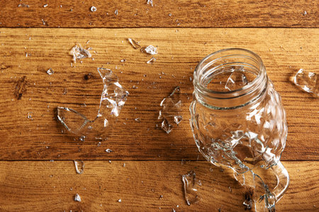 Shattered mason glass jar on a wooden floor. Scattered broken pieces of smashed mug. Symbol of risk, vulnerability, value of insurance for unexpected damage and mishaps. Copy spaceの写真素材