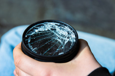 Hands of young photographer holding DSLR photo camera with  broken lens filter glass after if fall down onto the floor. Close up. Destroyed cracked photo-filter. Macro. Top view. Selective focus.の写真素材