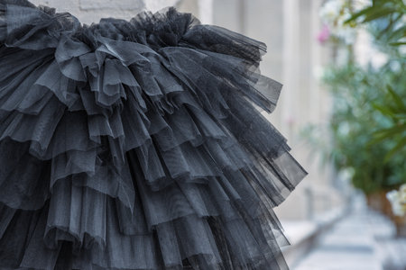 Black layered tutu laying on the stone stairs. Tulle ballerina skirt. Multilayered black skirt. Closeup. Selective focusの写真素材