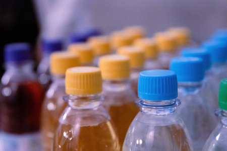 Many blue, yellow, green drinking water and refreshment beverage bottle caps and pure drinking water bottles in a drinking water production plant or supermarket shelf. Close up. Selective focus.の写真素材