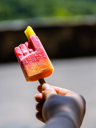 Close-up of a vibrant colorful red yellow orange bitten ice cream with popsicle stick held in a hand of unrecognizable child. Sunny summer day in park. Blurred background. Copy space. Selective focusの写真素材