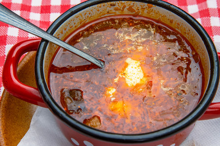 Traditional Slovak Ukrainian Russian cabbage soup with sausage and smoked meat served in retro red metal pot on the plate with spoon. Bowl of delicious Soljanka borsch with white sour cream. Top viewの写真素材