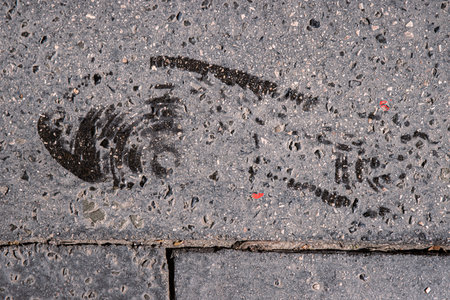 Shoe print on asphalt ground. Sneakers step black mark. Human footprints. Footwear steps. Textured dirty wet sole. Minimalistic concept. Top view. Close up. Copy spaceの写真素材