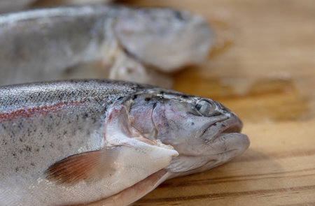 Carving three raw fresh trouts on the old wooden cutting board. Cooking whole freshwater rainbow...