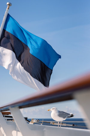 Estonian Flag flying on the wind of Baltic sea and Seagull waiting for food on the ship deck of the ferry going from Estonia to Finland. Blue sky on background. Vertical. Copy space. Selective focus.の写真素材