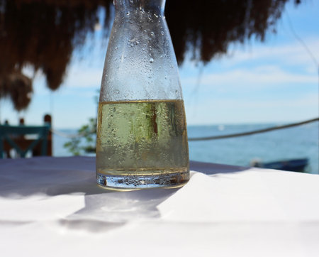 Fresh fruit water in a glass pitcher on the table in the restaurant at the sea shore. Ice cold lemonade on the beach. Detail of the bottle. Drops of water. Blue sky and sea on the background. Close upの写真素材