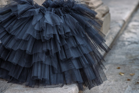 Black tutu laying on the stone stairs. Tulle ballerina skirt. Multilayered black skirt. Close-up. Selective focusの写真素材