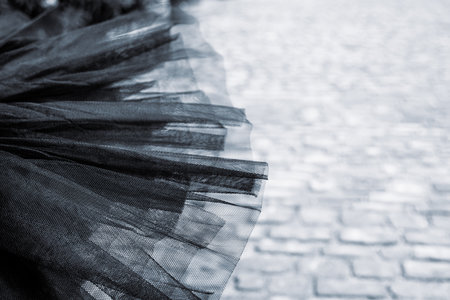 Detail of a black tutu laying on the stone stairs. Tulle ballerina skirt. Multilayered black skirt. Close-up. Selective focusの写真素材