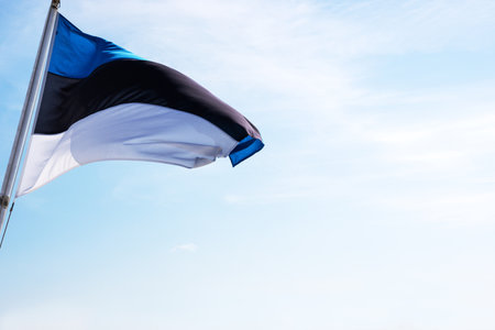National Estonian flag waving against a partly cloudy sky, symbolizing national pride and identity with distinct horizontal blue, black, and white stripes. Copyspaceの写真素材