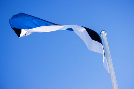 National Estonian flag waving against a clear blue sky, symbolizing national pride and identity with distinct horizontal blue, black, and white stripes. Copyspaceの写真素材