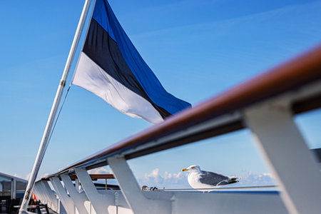 National flag on a ship deck, with a seagull perched nearby against a clear blue sky, symbolizing maritime culture and scenic coastal views. Peaceful Baltic Sea journey. Copyspaceの写真素材