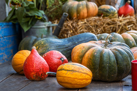 Closeup of a vibrant assortment of colorful pumpkins and gourds displayed in a rustic setting at a fall farm market. Halloween decorations. Selective focusの写真素材