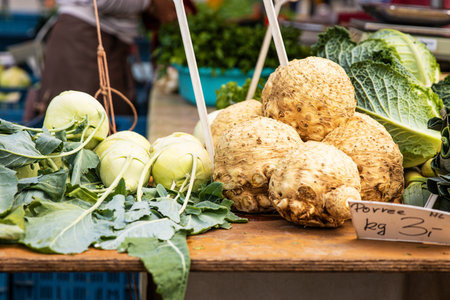 Closeup of fresh kohlrabi and celery root on a wooden table at a local farmer food market. Heap of freshly harvested kohlrabi and celery. German turnip. Healthy lifestyle concept.の写真素材