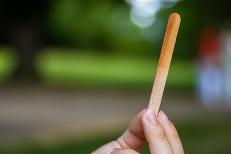 Closeup of young woman's hand holding an empty wooden popsicle stick after she finished eating the ice cream. Summer day in the park. Blurred natural green backdrop. Copyspaceの写真素材