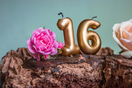 Sweet sixteen chocolate birthday cake decorated with golden 16 candles and pink roses. Handmade torte for celebration of a special milestone event. Selective focus. Copy spaceの写真素材