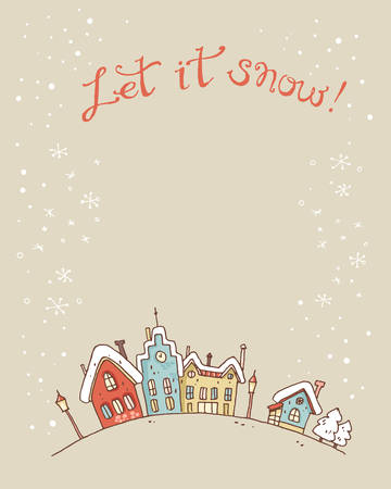 Hand drawn vector sketchy christmas and new year card with snowfall and old town. Template.のイラスト素材