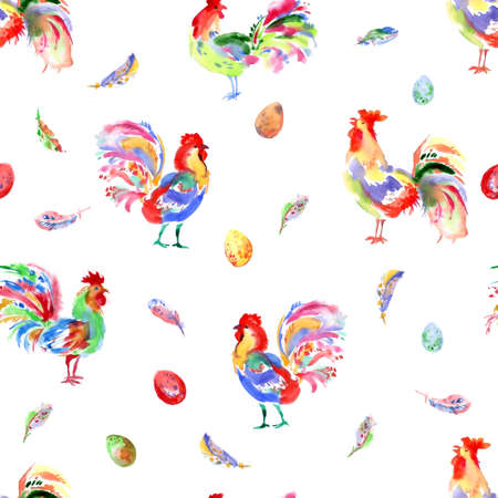 Watercolor handwork bright festive roosters. New year symbol. Beautiful seamless pattern with birds, feathers and eggs.の写真素材