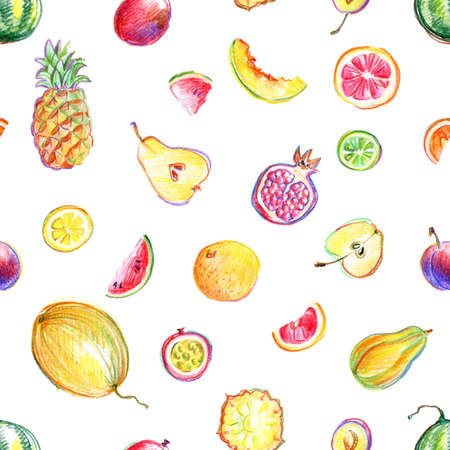 Seamless pattern with hand drawn by color pencil bright stylish fruitsの写真素材