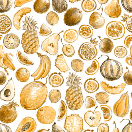 Seamless pattern with hand drawn by pencil retro golden stylish fruitsの写真素材