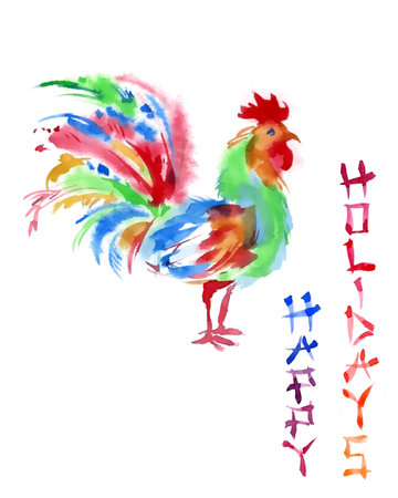 Watercolor hand drawn bright greeting card with the rooster, chinese style. New year invintation, hieroglyphic writingの写真素材