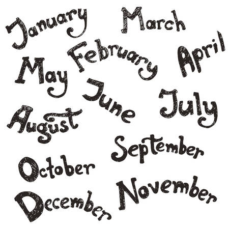 Hand drawn vector lettering - months of the year. Doodle sketchy rough style. Isolated black and white illustration. Calendar.のイラスト素材