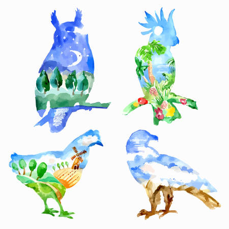 Four watercolor vector silhouettes of birds (owl, chicken, eagle, parrot) with views - night, countryside, mountains, tropicのイラスト素材