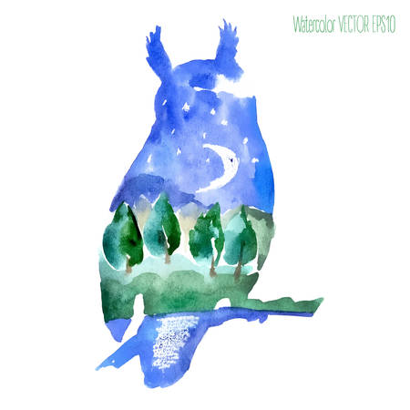Watercolor silhouette of a owl with a night scenery: stars, moon, mountain, forest, lake, Moonlightのイラスト素材