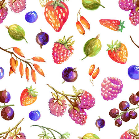Seamless pattern with tasty hand drawn berries - strawberry, wild strawberry, currant, raspberry, barberry, gooseberry, blueberryのイラスト素材