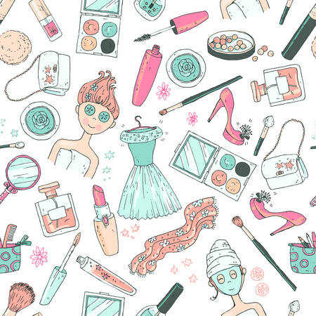 Hand darwn vector seamless pattern "time for a date". Cosmetic tools and products, perfume, lipstick, powder, blush, eye shadow, lip gloss, nail polish; shoes, dress, girl with the face care mask.のイラスト素材