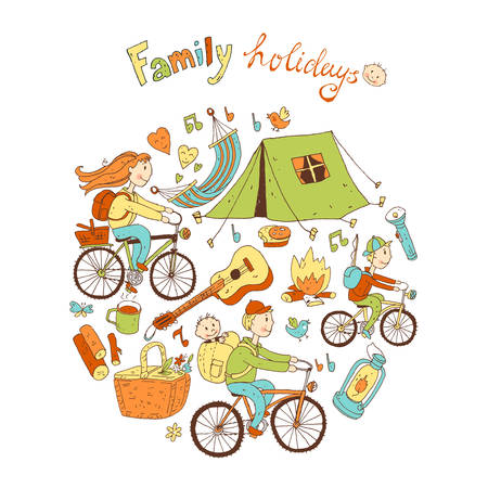 Round vector illustration with friendly family and camping equipのイラスト素材