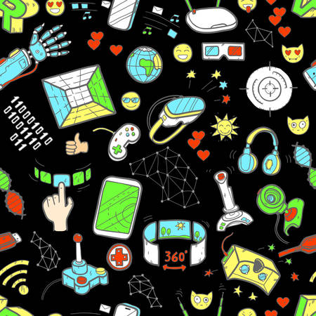 Doodle vector seamless pattern with virtual reality and innovatiのイラスト素材