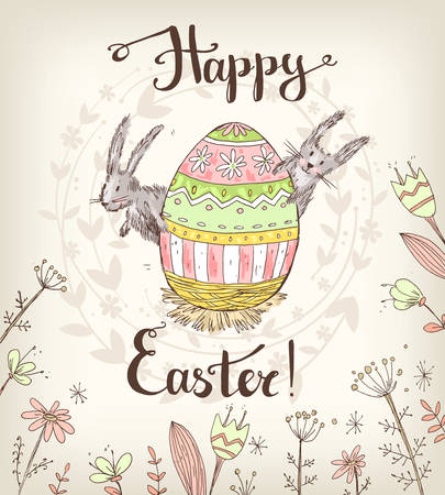 Handdrawn vector happy easter greeting card with big decorated eggのイラスト素材