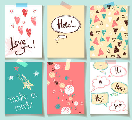 Set of abstract creative cards with hand drawn sketches. Hipster modern style. Triangle, heart, circle, stroke, bubble shapes. Retro patterns for postcards posters flayers banner designs. Ready template.のイラスト素材