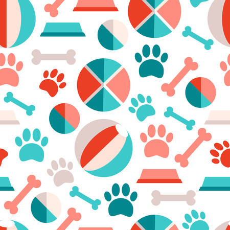 Vector seamless patern with puppys food, traces, bowls, toys. Bのイラスト素材