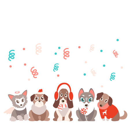 vector background with cute cartoon puppies in warm winter clothのイラスト素材