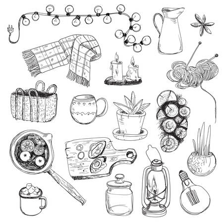 Vector sketch set of cozy hygge elements, home interior details.のイラスト素材