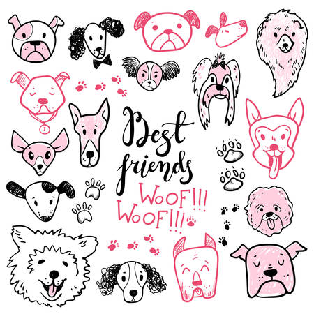 Funny doodle dog icons collection. Hand drawn pet, kid drawn design. Cute modern elegant style, different breedsのイラスト素材