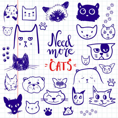 Funny doodle cat icons collection. Hand drawn pet, kid drawn Vector illustration.のイラスト素材