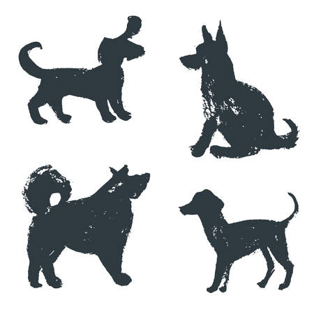 Black hand drawn isolated dogs silhouette. Grunge ink illustration. Vector collection. Different breeds. Dachshund, chao-chao, shepherd dogのイラスト素材