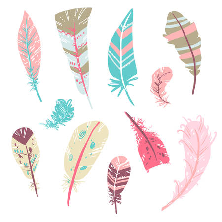 Tribal Feathers Vector Set, hand drawn ethnic styleのイラスト素材
