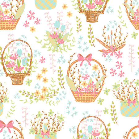 Vector seamless pattern with beautiful flowers in baskets.のイラスト素材