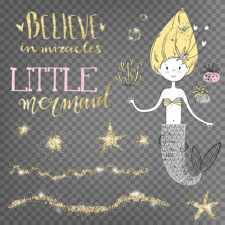 Believe in miracles. Little mermaid. Golden shiny decorative.のイラスト素材
