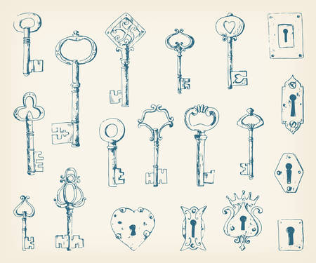 Collection of vintage ornate forged keys and keyholes.のイラスト素材