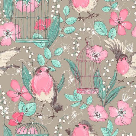 Romantic seamless patterns with wild roses, robin birds, cages,の写真素材