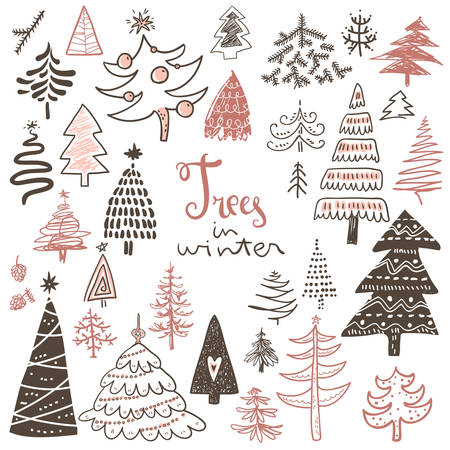 Funny doodle christmas pine trees icons collection. Hand kids drのイラスト素材