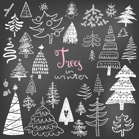 Funny doodle christmas pine trees icons collection. Hand kids drのイラスト素材
